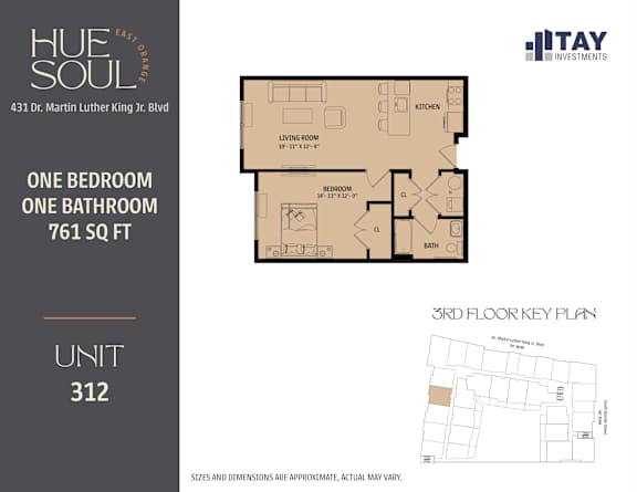 A floor plan for a 761 square foot apartment with one bedroom and one bathroom.