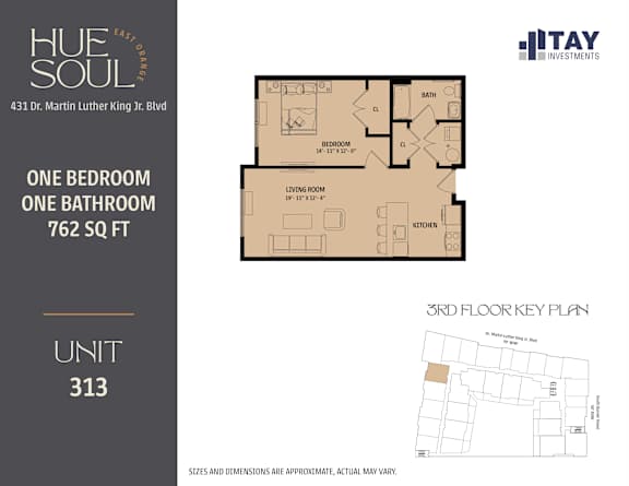 A floor plan for a 762 square foot apartment with one bedroom and one bathroom.