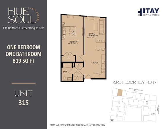 A floor plan for a one bedroom, one bathroom apartment at Hue Soul apartments.