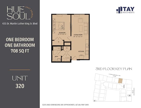 A floor plan for a 708 square foot apartment with one bedroom and one bathroom.