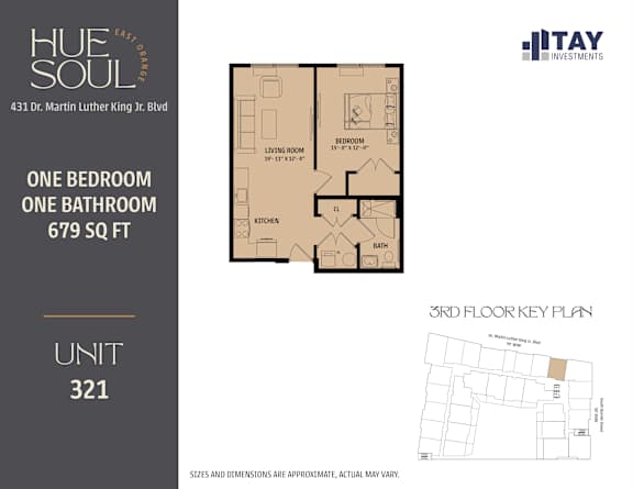 A floor plan for a one bedroom, one bathroom apartment at Hue of Soul apartments.