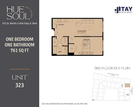 A floor plan for a one bedroom, one bathroom apartment at Hue Soul apartments.