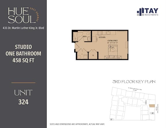 A floor plan for a studio apartment with one bathroom is shown.