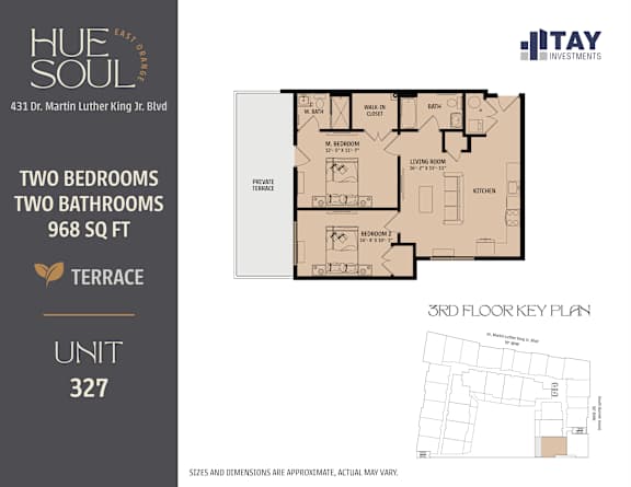 A floor plan for a 968 square foot apartment with two bedrooms and two bathrooms is shown.