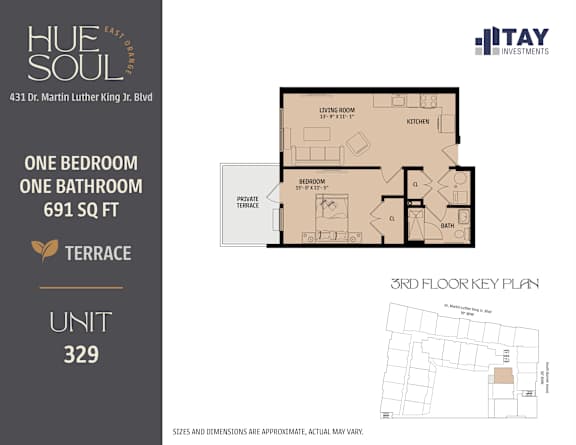 A floor plan for a 691 square foot apartment with one bedroom and one bathroom.
