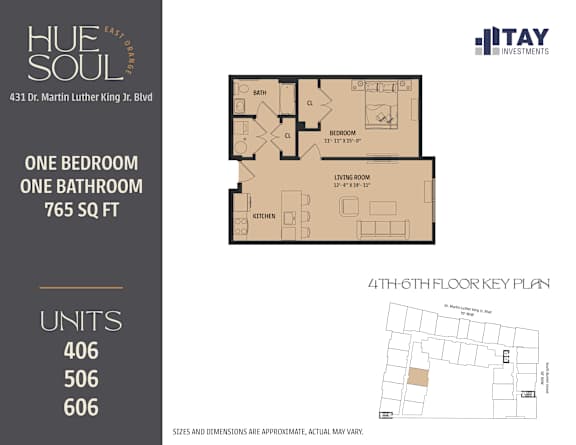 A floor plan for a 765 square foot apartment with one bedroom and one bathroom is displayed.