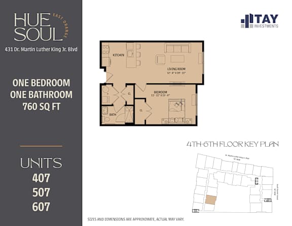 A floor plan for a 760 square foot apartment with one bedroom and one bathroom is shown.