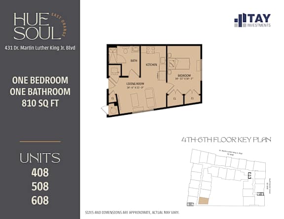 A floor plan for a one bedroom, one bathroom apartment at Hue Soul apartments.