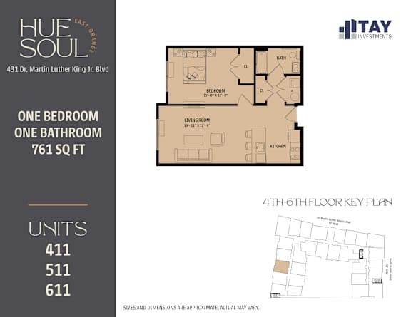 A floor plan for a one bedroom, one bathroom apartment at Hue Soul apartments.
