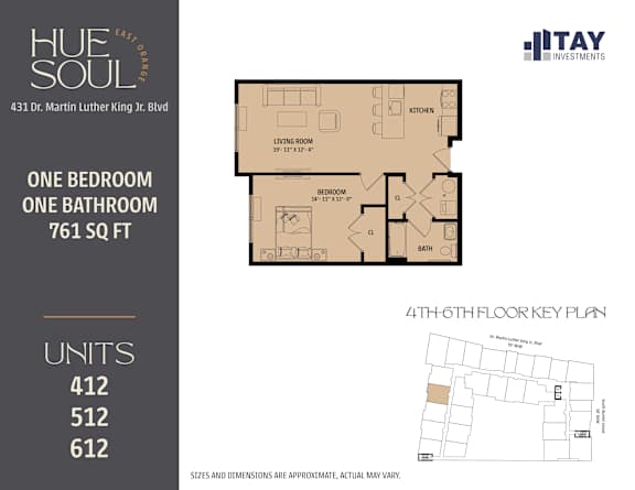 A floor plan for a 761 square foot apartment with one bedroom and one bathroom is shown.