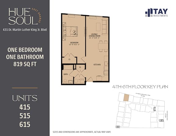 A floor plan for a one bedroom, one bathroom apartment at Hue Soul apartments.