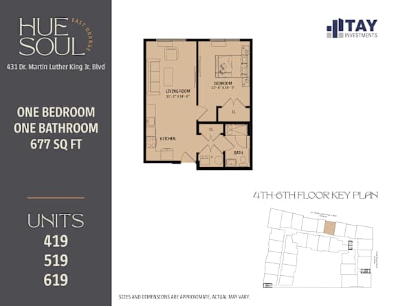 A floor plan for a one bedroom, one bathroom apartment at Hue of Soul apartments.