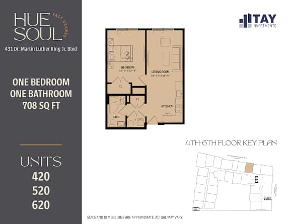 A floor plan for a one bedroom, one bathroom apartment at Hue Soul apartments.