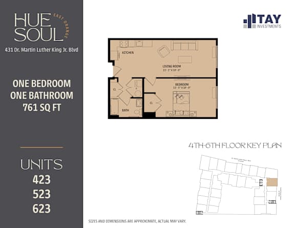 A floor plan for a one bedroom, one bathroom apartment at Hue Soul apartments.