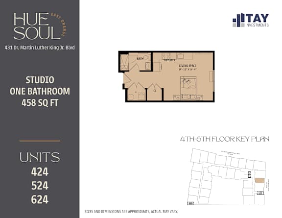 A floor plan for a studio apartment with one bathroom is shown along with the apartment's address and dimensions.