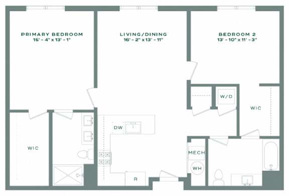 A floor plan of a home with a primary bedroom, living/dining area, and two additional bedrooms.