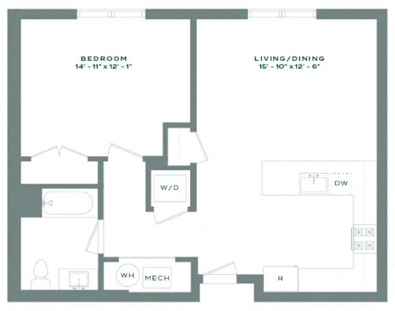 A floor plan of a bedroom and living/dining area with dimensions.