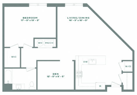 A floor plan of a home with a living room, dining room, bedroom, and bathroom.