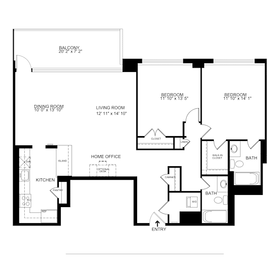 A black and white floor plan of a two bedroom, two bathroom apartment.