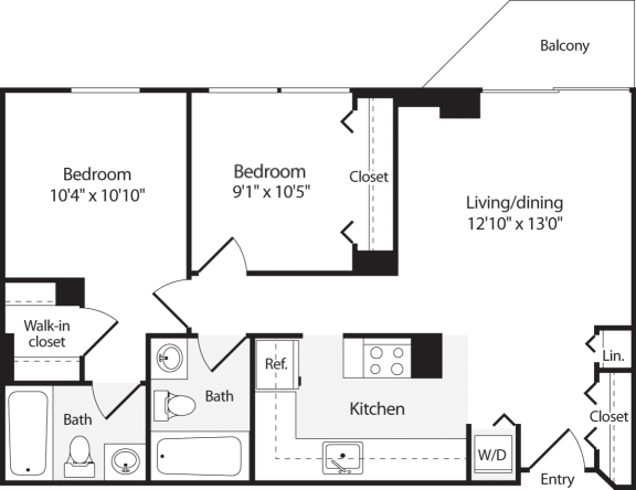 2 Bedroom, 2 Bath 824 SF B3 Floor Plan at Park at Pentagon Row, Arlington, VA, 22202