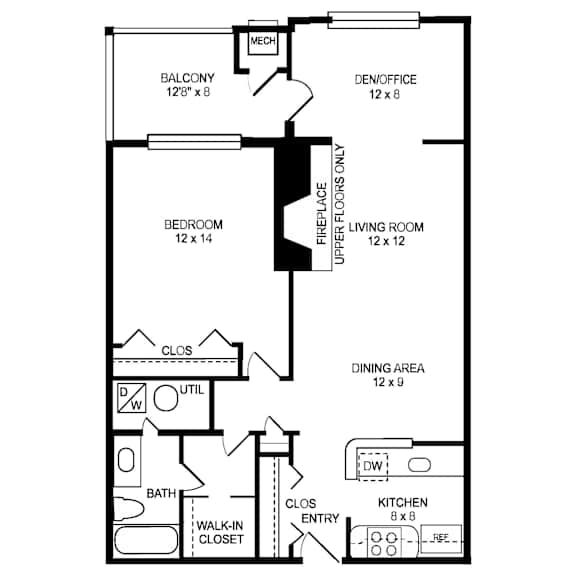 A floor plan of a house with a den, two bedrooms, a living room, a dining area, a kitchen, and a bathroom.