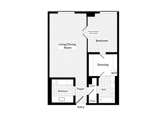 Floor Plan  A floor plan of a house with a living room, dining room, kitchen, bathroom, bedroom, and dressing room.