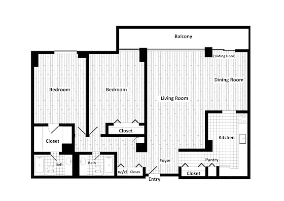 A floor plan of a house with a balcony, two bedrooms, a living room, a dining room, a kitchen, a pantry, two bathrooms, a foyer, and two closets.