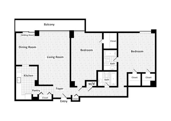A floor plan of a house with a balcony, two bedrooms, a living room, a dining room, a kitchen, a pantry, a foyer, and an entry.