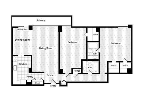 A floor plan of a house with a balcony, dining room, living room, kitchen, pantry, two bedrooms, two bathrooms, and closets.