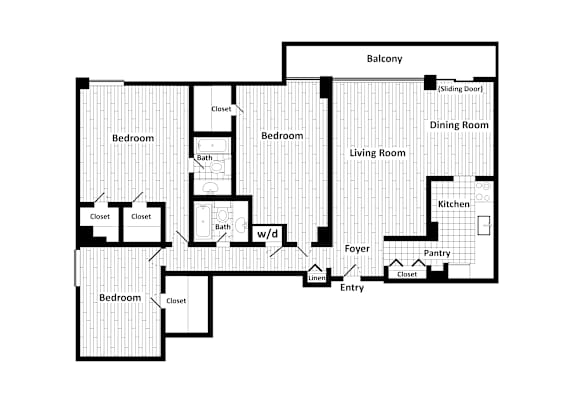 A floor plan of a house with a balcony, two bedrooms, a living room, a dining room, a kitchen, a pantry, a foyer, and an entry.