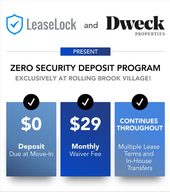 a screenshot of the zero security deposit program homepage with four different screenshots of the program