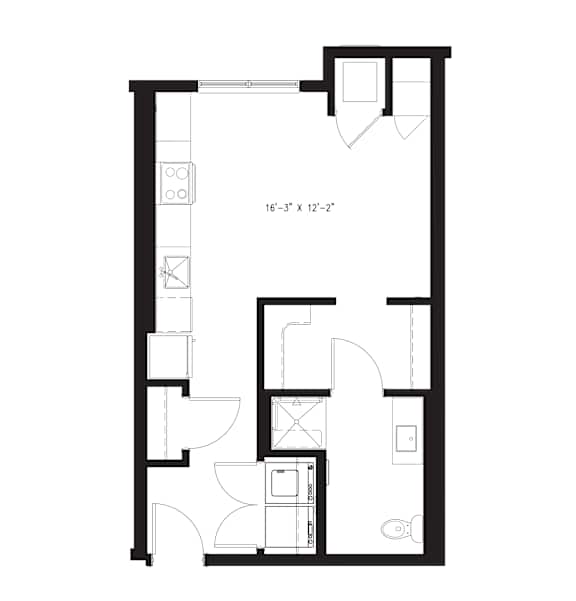 A floor plan for a studio apartment with a bathroom and a total area of 515 square feet.