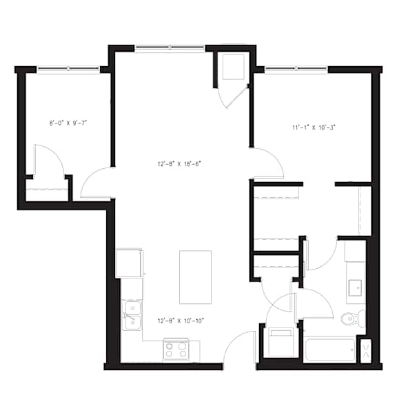 A floor plan for a 872 sq ft balsam apartment with one bed and one bath.