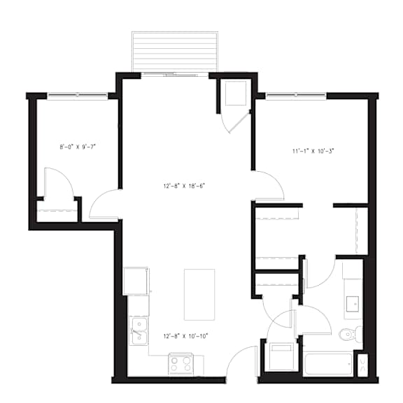 A floor plan for a 1 bedroom apartment with den, bath, and balcony.