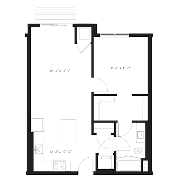 A floor plan for a one bedroom apartment in Basswood building by Arris Apartments.