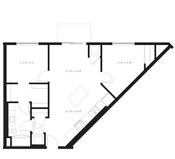 A floor plan for a 2 bedroom apartment and a bath, measuring 896 square feet with a patio.