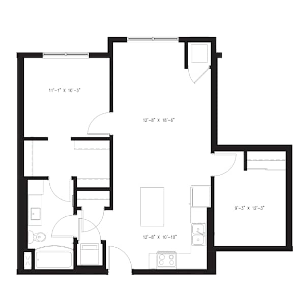 A floor plan for a 2 Bed apartment with 1 Bath and a total area of 875 sq ft.