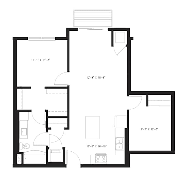 A floor plan for a 2 Bed apartment with 1 Bath and a total area of 875 sq ft.