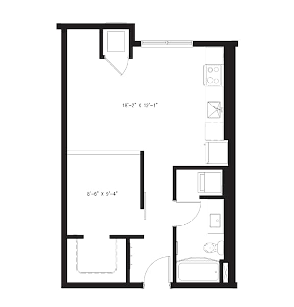 A floor plan for a 1 bedroom apartment with 1 bath and totaling 575 sq ft.