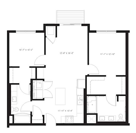 A floor plan for a 2 bedroom apartment with 2 bathrooms and a balcony.