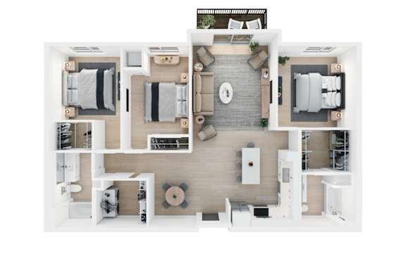 A top-down view of a house layout with a living room, kitchen, dining room, and bedrooms.