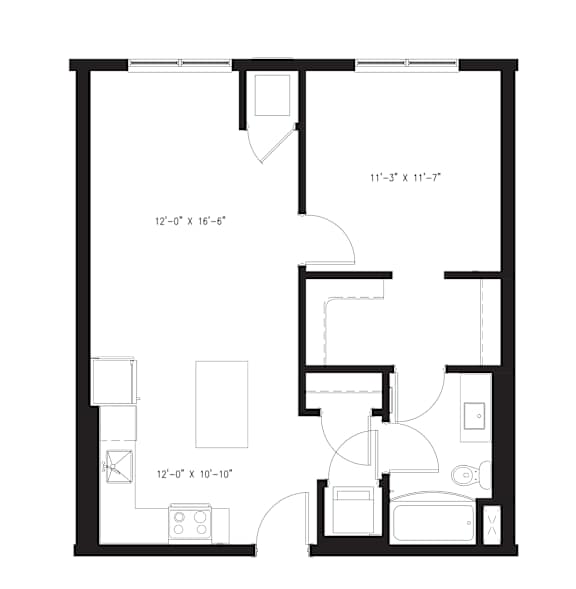 Floor Plan  A floor plan for a 703 sq ft apartment with one bed and one bath.