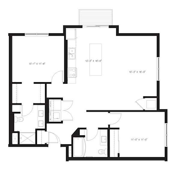 A floor plan for a 2 bedroom, 2 bathroom apartment at Arris Apartments.