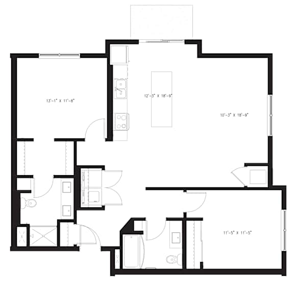 A floor plan for a 2 bedroom, 2 bathroom apartment at Arris Apartments.