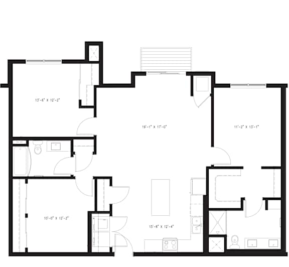 A floor plan for a 3 bedroom, 2 bathroom apartment sized at 1,325 square feet in the Arris Apartments.
