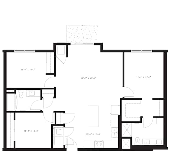 A floor plan for a 3 bedroom apartment with 2 bathrooms and a patio.