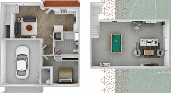 A floor plan of a two-level apartment with a kitchen, living room, bedrooms, and bathrooms.
