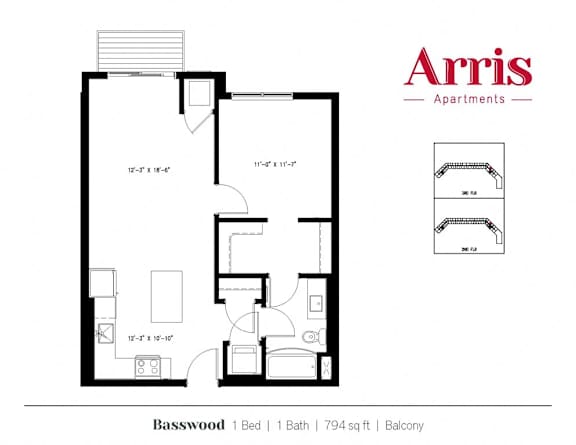 A floor plan for a one bedroom apartment in Basswood building by Arris Apartments.