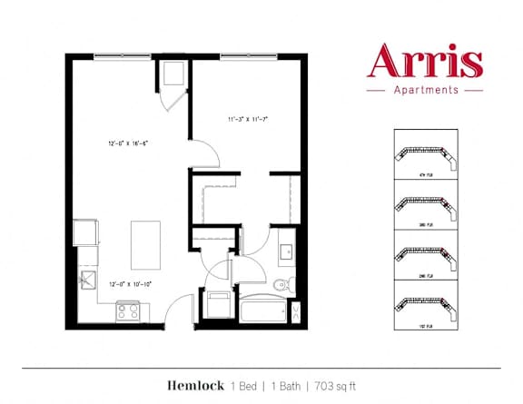 A floor plan for a 703 sq ft apartment with one bed and one bath.