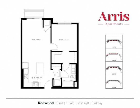 A floor plan for a 1 bedroom, 1 bathroom apartment sized at 730 sq ft in the Balcony building by Arris Apartments.